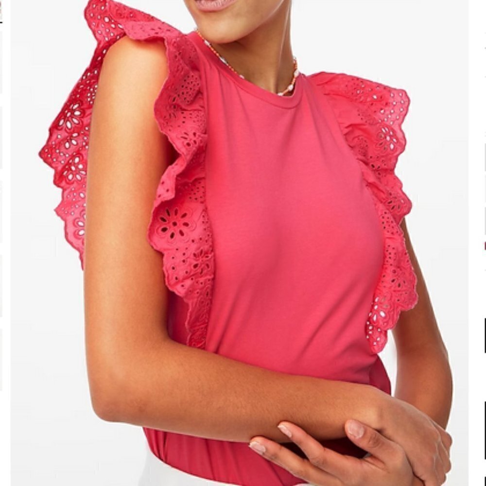 J. Crew Fuchsia Pink Ruffle-Sleeve Eyelet Top, New With Tags